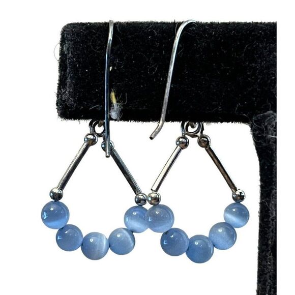 Vintage Sterling Silver Blue Cat’s Eye Beads Earrings Drop Dangle MC 925 - Picture 4 of 5